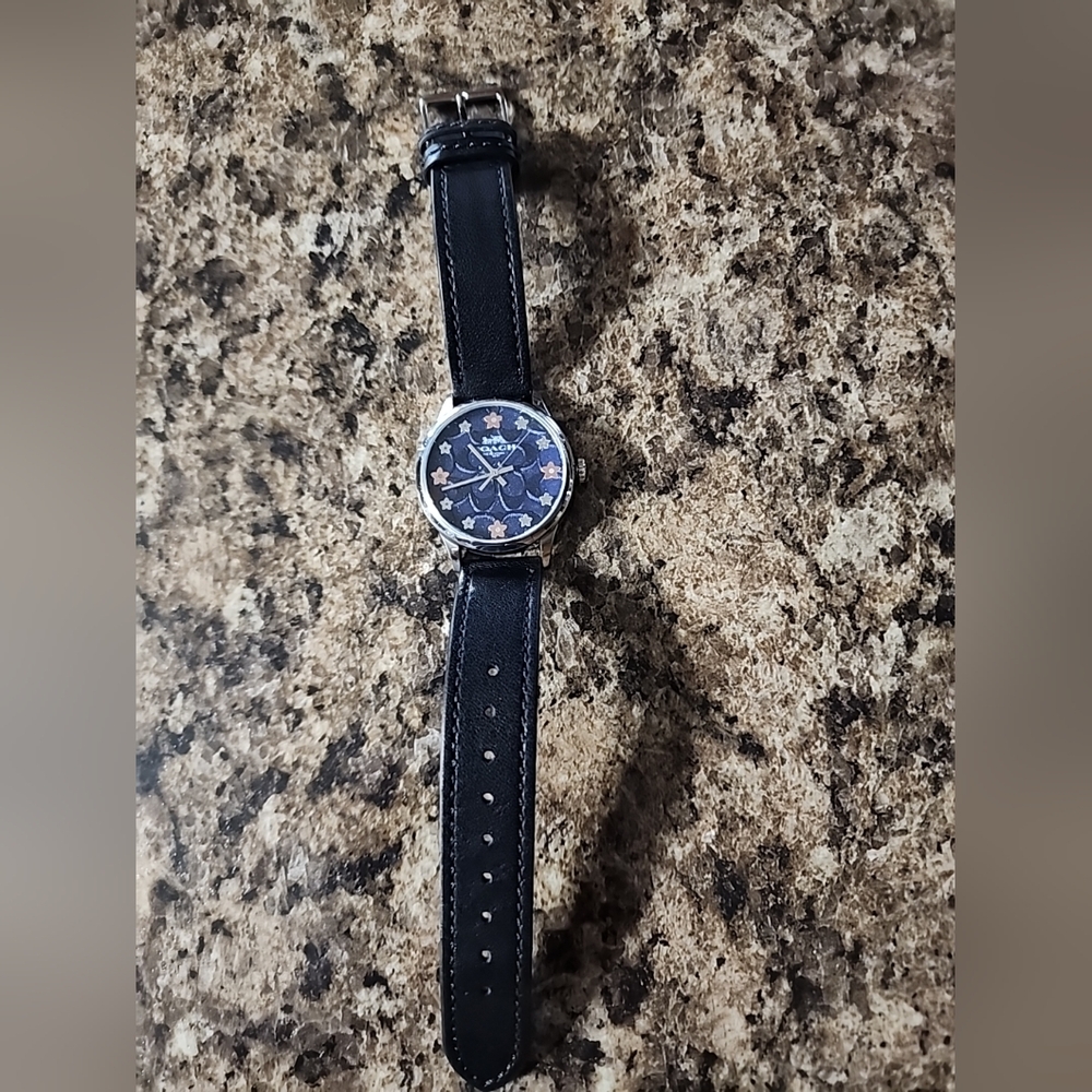 Coach Women's Watch Rose Gold Flowers W/ Black Leather Band